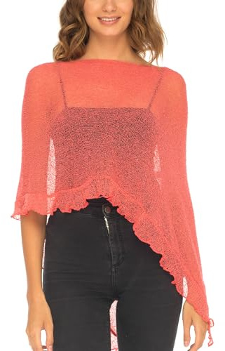 SHU-SHI, donne - Top in maglione con volant in maglia leggera e coprispalle con poncho trasparente Corallo
