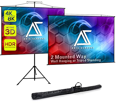 Akia Screens 2-in-1 110 Portable Projector Screen with Stand & Carry Bag, 4:3/16:9 Retractable, Tripod or Wall Mount, Indoor Outdoor Home Theater & Presentation, AK-T110VLITE