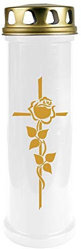 HScandle Bougie funéraire (blanc) - Durée de combustion : env. 100 h - Brûleur de 4 jours (couvercle et impression doré) - Motif croix de rose, disponible dans de nombreuses variantes