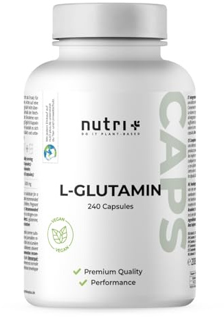 Nutri + L Glutamin Kapseln vegan + hochdosiert - 240 Kapseln - 750 mg reines L-Glutamin Mega Caps - 100% rein + pflanzlich ohne Zusatzstoffe