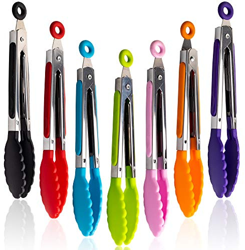 7 Pack Kitchen Tongs Set 7-Inch Color Mini Small Food Tongs with Stainless Steel Silicon Handles and Nylon Tips Heat Resistant Tongs for Cooking, Serving, BBQ, Grilling, Salad and More