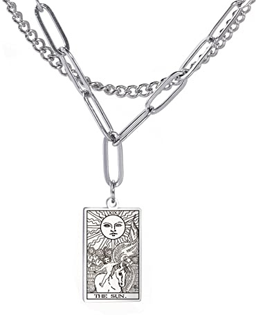 Amaxer Rider Waite Tarot Card Necklace Retro Lucky Amulet Charm Pendants Stainless Steel Vintage Jewelry (XIX-The Sun-Silver)