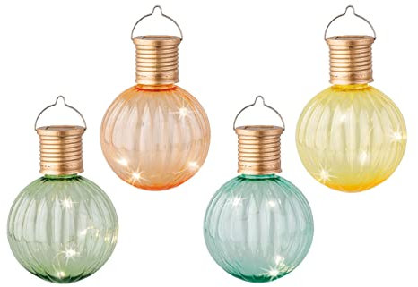 Lumineo Set of 4 Hanging Solar Light Bulbs Coloured Globe Garden Solar Lights Warm White LEDs