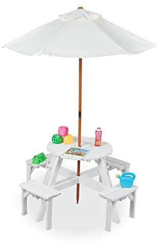 Relaxdays Kindersitzgruppe für draußen, runde Tischplatte, für 4 Kinder, Garten Picknicktisch mit Schirm, Holz, weiß