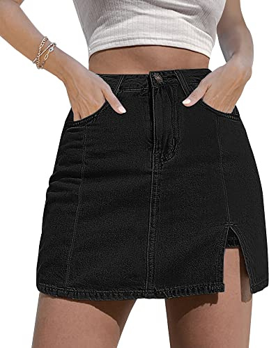 luvamia Skorts Skirts for Women Denim Mini Skirt Side Slit with High Waisted Jean Shorts Stretchy Black Skirt High Waisted Jean Shorts Denim Skorts Skirts for Women Casual Soft Black Size Small