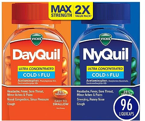 Vicks DayQuil & NyQuil Ultra Concentrated Liquicaps Co-Pack, Cold & Flu Medicine, Powerful Multi-Symptom Daytime & Nighttime Relief for Headache, Fever, Sore Throat, Minor Aches & Pains, & Cough, 96ct