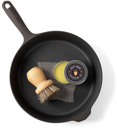 Field Cast Iron Starter Set -10.25 Inch Cast Iron Skillet with Cleaning Kit: Natural Fiber Brush, Chain Mail Scrubber & Organic Seasoning Oil – Lightweight, Preseasoned, Made in USA, Vintage Design