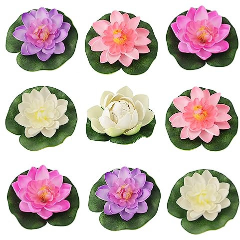 Lot de 9 fleurs flottantes en mousse de lotus artificielles pour étangs, fleurs flottantes, fausses plantes flottantes pour étangs, nénuphars réalistes, fleurs artificielles, décoration d'étang