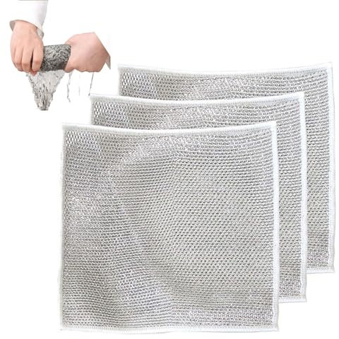 Lot de 3 chiffons de vaisselle multifonctionnels anti-rayures en fil métallique pour vaisselle humide et sec, chiffon de nettoyage multifonction