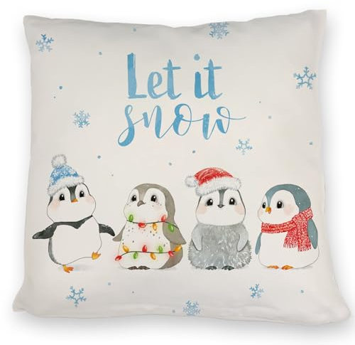 Pinguin Kissen mit Spruch Let it Snow EIN bequemes DekoKissen für die Couch Frauen KuschelKissen Motiv EIS Weihnachten Sofa Aquarell