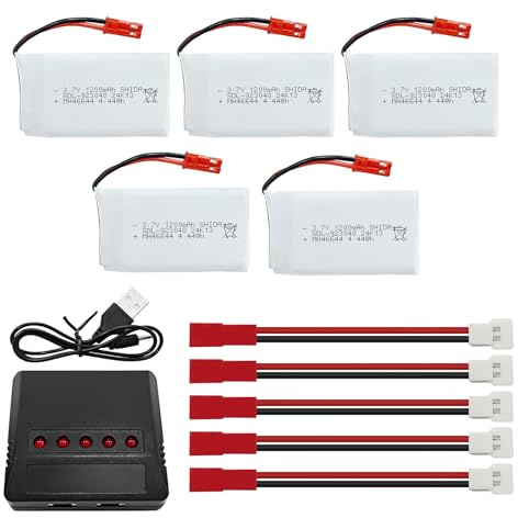 ZYGY 5PCS 3.7V 1200mAh 30C Lipo RC Drone Battery with 5-in-1 Charger JST Plug for MJX T04 T05 T25 V2400HD V2450FPV V2450GPS X900 X9TW RC Quadcopter