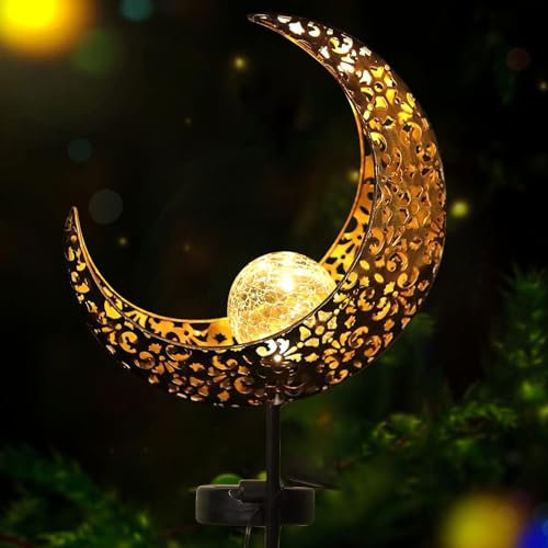 Sunshine Smile Lampe Solaire de Jardin en Forme de Lune - Boule en Verre - Décoration d'Extérieur pour Cour, Pelouse, Fée des Fleurs - Avec Piquet de Terre