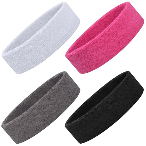ONUPGO 4 Pack Sweatbands Sports Headbands for Men & Women, Cotton Headband Terry Cloth Sweatband for Tennis,Basketball,Football,Gym,Working Out - Moisture Wicking Elasticity