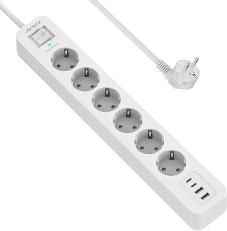 JSVER Regleta con Multi enchufes (16A) y 2 Puertos de Carga USB A + 2 USB C (Blanco, 6 Tomas)