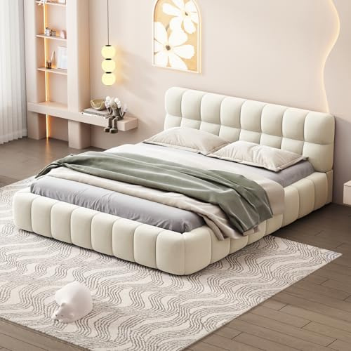 LIVLUX Lit double capitonné, 140 x 200 cm, en lin, avec dossier souple et bord rembourré, avec sommier à lattes, pour adultes et adolescents, beige, 140 x 200 cm