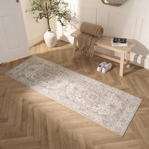 OHS Vintage Hallway Runner Non Slip, Printed Soft Durable Decorative Material Vintage Home Stylish Rug Runner Hallways, Kitchens & Living Rooms - Natural, 66 x 200cm