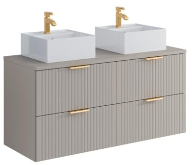 Vente-unique-Mobile per bagno sospeso con scanalature e lavabo doppio da appoggio quadrato L120 cm Beige - ZEVARA