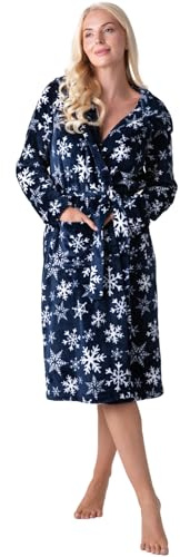 Camille Women's Supersoft Fleece Hooded Dressing Gown - Long Sleeve Calf-Length Printed Bathrobe with Matching Belt Tie - Blue Snowflake 14-16