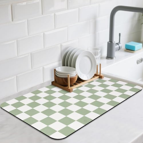 CooRug Checkered Dish Drying Mat for Kitchen Counter, 12 x 20, Green | Quick Dry, Absorbent, For Coffee Bar, Leak-Proof, Non-Slip, Heat Resistant, Easy to Clean
