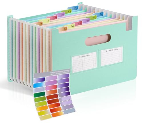 Agoer Organizador de archivos de acordeón de 13 bolsillo A4, carpeta de archivos de paja de trigo con bolsillos para etiquetas y calcomanía, parte superior abierta vertical, separadore mensuale-verde