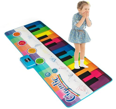 KOMFOTTEU Tappetino per pianoforte per bambini di 3 anni+ 24 tasti, pianoforte per bambini con 10 canzoni e 8 suoni di strumenti, tappeto musicale, riproduzione e volume regolabile, 181 x 73 cm
