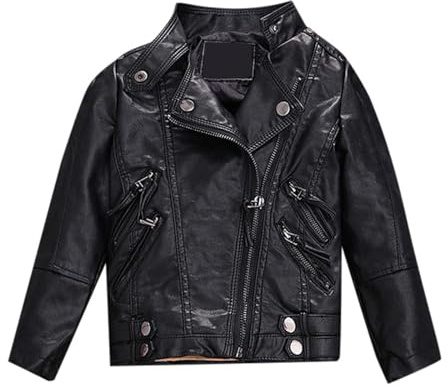 2026 - Chaqueta de cuero PU de primavera para niños y niñas Abrigo de motocicleta para niños Chaqueta de cuero sintético joyería flauta travesera, Negro , 5-6 años