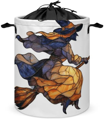 Cesta de lavandería redonda plegable con diseño de bruja sentada en escoba, color negro