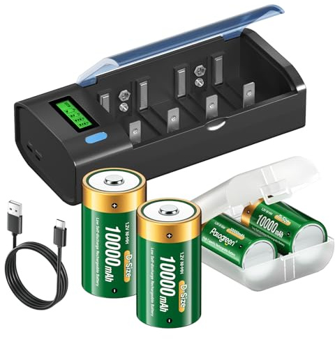 Palogreen Cargador de Pilas Recargable Universal con Batería D 10000mAh, Cargador de Batería LCD Rápido para Pilas Recargables AA/AAA/SC/C/D Ni-MH, con Función de Descarga