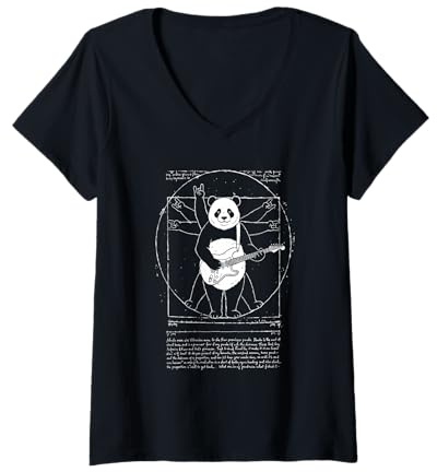 Femme Vitruvian Rock Panda, Leonard de Vinci, Art, Music, Fun T-Shirt avec Col en V