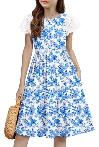 Arshiner Vestito Bambina Bianco Blu Floreale Manica Volant Pizzo Ricamato A-Line Gonna A Strati Vita Alta Elegante Cerimonia Estate 13-14 Anni