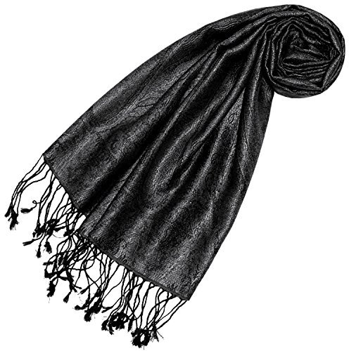 Lorenzo Cana Damen Seidenschal Schal 100% Seide jacquard gewebt mit Fransen 35 cm x 160 cm Paisleymuster Seidentuch dunkelgrau