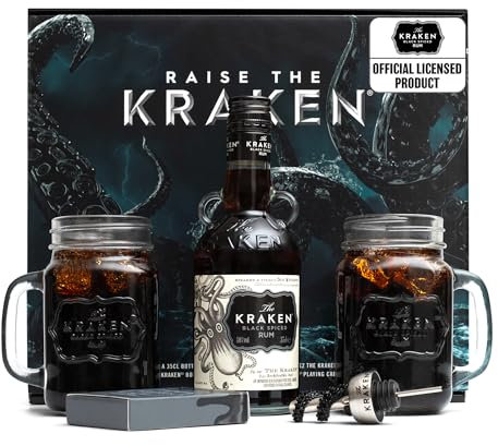 The Kraken Spiced Rum Gift Set - 35cl Official Kraken Black Spiced, 2x Mason Jar Glasses, Bottle Pourer, Playing Cards - Cocktail Rum Gifts for Men, Alcohol Gifts for Women, Fathers Day