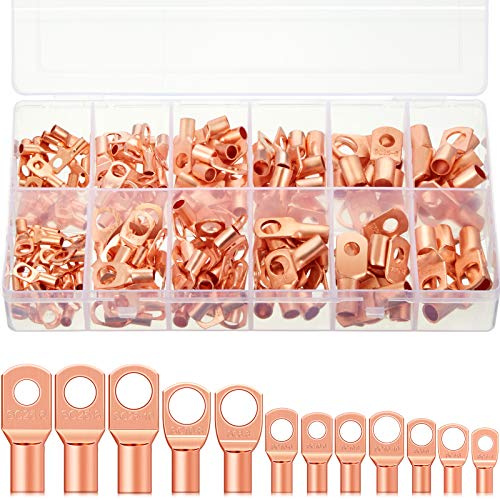 Weewooday 170 Pcs Copper Wire Lugs Battery Cable Ends 12 Sizes Battery Terminal Connectors Assortment Kit Copper Lug Ring for AWG4, AWG6, AWG8, AWG10, AWG12, Cables, Marine, Automotive, RV, Solar