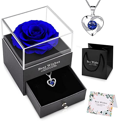 NEWUPZSI Véritable Rose Éternelle Cadeau St Saint Valentin Femme avec Collier en Forme Coeur,Rose Éternelle Faite à la Main, Vraie Rose Préservée dans Boîte à Bijoux, pour Femme