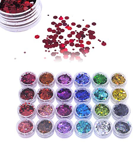 DBOO 24 Colors Holographic Chunky Glitter Hexagon Holographic Irregular Nail Glitter 24 Pots Holographic Nail Sequins Nail Foils Flakes Glitter Resin Accessories