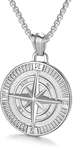 AZFVBQL Men's Compass Pendant Necklace Stainless Steel Navigator Forged for Male Jewelry (Silver)