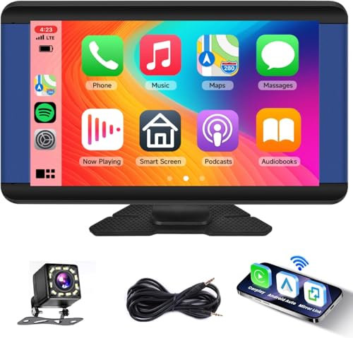 Rimoody Portable Car Stereo Wireless Carplay Android Auto,7 Inch Touch Screen Radio Bluetooth Hands-Free/Mirror Link/Navigation/Voice Control/TF Card/AUX Cable,for All Vehicles + Backup Camera