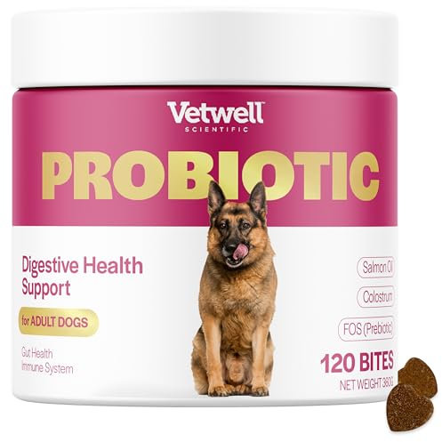 Vetwell Probiotics for Dogs - 120 Chews, Digestive Care with Dog Probiotics Enterococcus Faecium, Colostrum from Bovine, Prebiotic Chicory Inulin, Liver Flavour Dog Probiotic Supplements