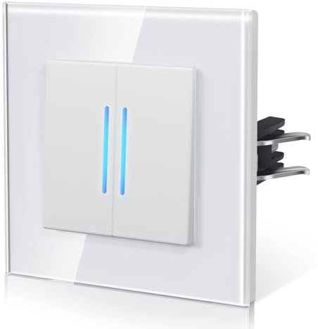 BSEED Interruptor Conmutador con Cristal,Interruptor pared con Garfio,Basculante Con Pilotitos LED,Fácil Instalación,Fáciles de Limpiar, E-Series,2 Gang 2 Vía,86mm Blanco