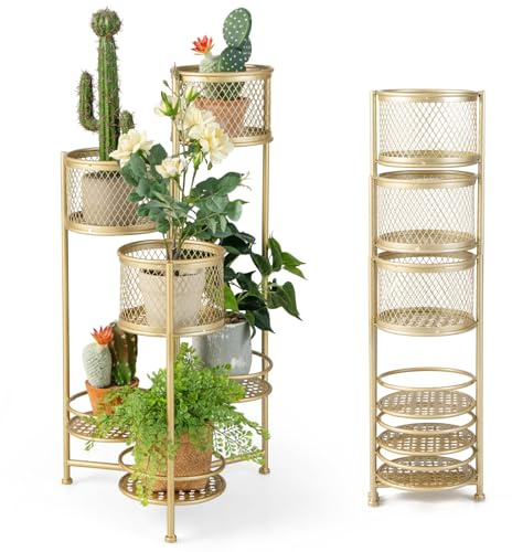 HOMASIS Portavasi Pieghevole per Piante in Metallo, Porta Piante da Interno con 3 Vasi e 3 Vassoi, Espositore, Supporto per Piante per Soggiorno, 22,5 x 22 x 82 cm (Oro)