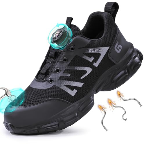 GUSAYEX Safety Trainers Men Steel Toe Cap Trainers Lightweight Safety Shoes Swivel Buckle Shoelace Comfortable Work Shoes Laceless Work Boots Men Rotary Button Steel Toe Cap Shoes Size 6