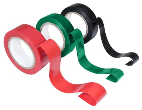Juego de 3 rollos de cinta aislante de 0,18 mm de alto grosor – 17 mm x 6 m – Rojo Negro Verde – PVC ignífugo – Alta protección – Para aislamiento eléctrico, reparaciones e identificación – Uso