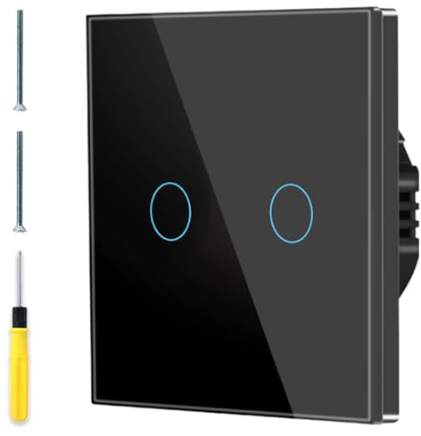 Acmerota Interruptor táctil de 2 vías Interruptores de pared negros con panel de vidrio con luz indicadora fluorescente 1 vía No se requiere cable neutro, CA 240 V 500 W