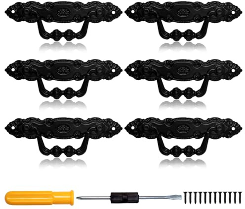 Keboyoe 6 Piezas Tiradores Cajones Vintage Manija de Vintage de Puerta de Muebles con Tornillos, Destornillador Tiradores Cocina Armarios Negro tiradores de Metal para Puerta de Armario Cajones
