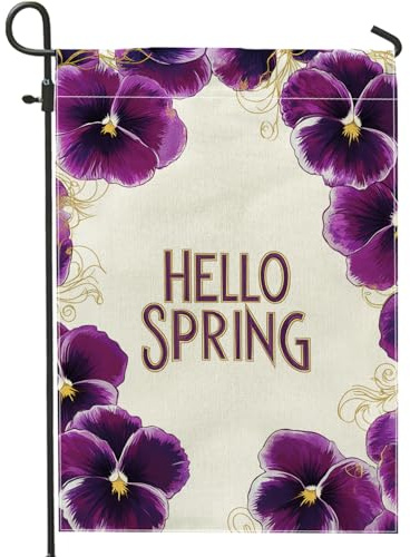 Bandera de jardín floral de primavera, flores de pensamiento violeta, decoración al aire libre, bandera de arpillera de doble cara para decoración de césped y jardín, 12 x 18 pulgadas