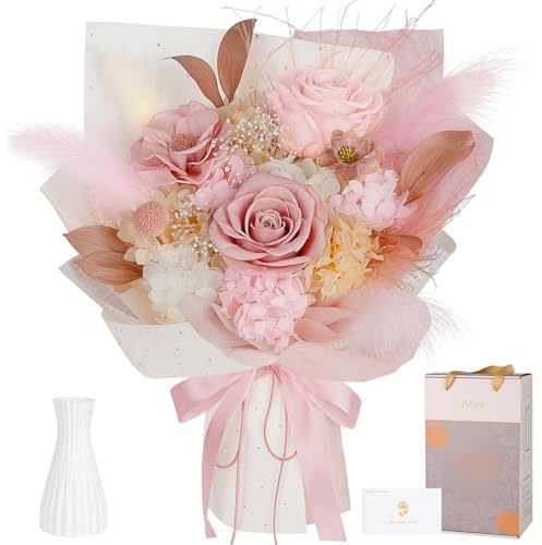 Ramo de Flores Preservadas, Camelia Eterna Rosa Empolvado, Ramo de Rosas Eternas, Regalos para Mujer, San Valentín, Aniversario, Cumpleaños y Día de la Madre, Novia, Esposa, Madre