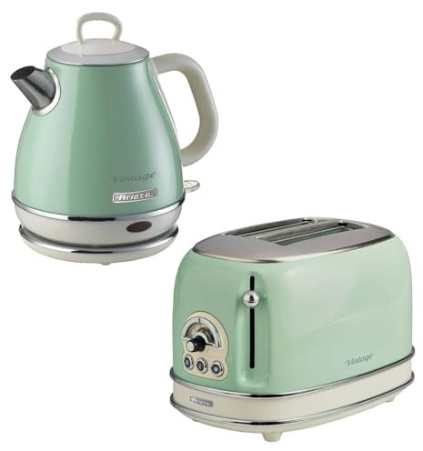 Ariete Vintage 1L Jug Kettle & 2 Slice Toaster Blue Set, 1600 Watts, Cold handle, Steel Walled Kettle, 360° Swivel Base, Auto Shut Off, Auto Eject, Removable Crumb Tray, 6 Brown Levels, Defrost, Green