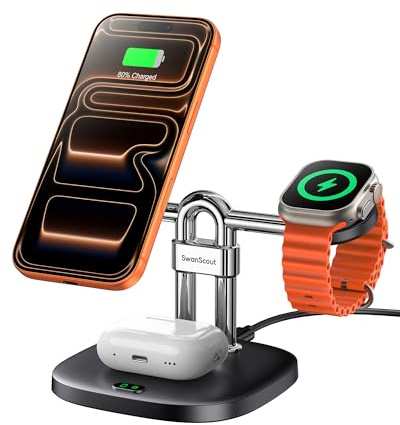 SwanScout Magnetico Caricatore Wireless per iPhone, 3 in 1 Stazione di Ricarica per iPhone 17/Air/16/15/14/13/12, Wireless Charger per Apple Watch 11/10/9/Ultra 3/SE 3, AirPods, 712M (No Adapter)