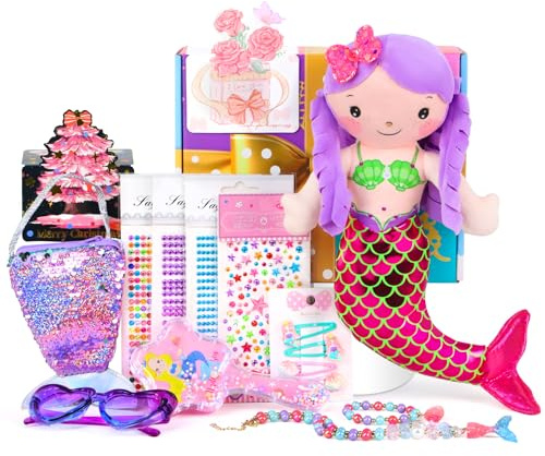 Meerjungfrau Geschenke für Mädchen 3 4 5 6 7 8 Jahre,Spielzeug Geschenkset mit Kuscheltier,Handtasche,Schmuck Set,DIY Sticker,Haarnadeln,Kamm usw.Geschenk Dress Up Set für Geburtstag,Weihnachten,Oster