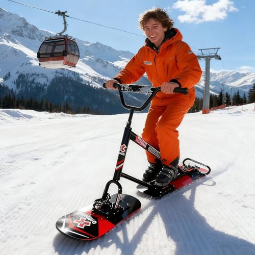 Slitta sulla Neve per Adulti & Adolescenti | Impugnatura Ergonomica & Doppio Sci Stabile | Sci Posteriori Rotanti 360° per Virate Agili | Telaio in Alluminio Rinforzato & Ponte in Legno d'Acero